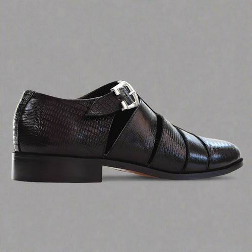 Discover the Ferradini Black Formal Sandal featuring a lizard-embossed texture and adjustable buckle strap. Perfect for elegant and versatile wear. Shop now in-store at 337 Monty Naicker Street, Durban Central, or online at www.omarstailors.com.