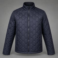 A black puffer jacket with a hexagonal pattern, featuring a full-length front zipper and a stand-up collar, shown against a neutral gray background.
