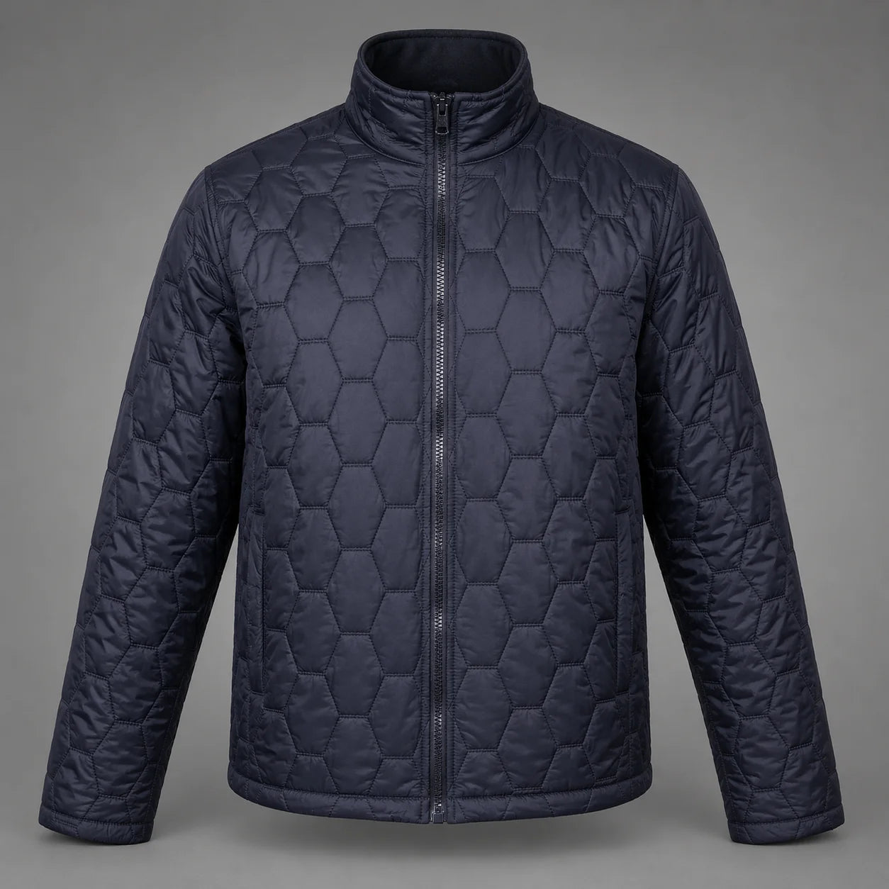 A black puffer jacket with a hexagonal pattern, featuring a full-length front zipper and a stand-up collar, shown against a neutral gray background.