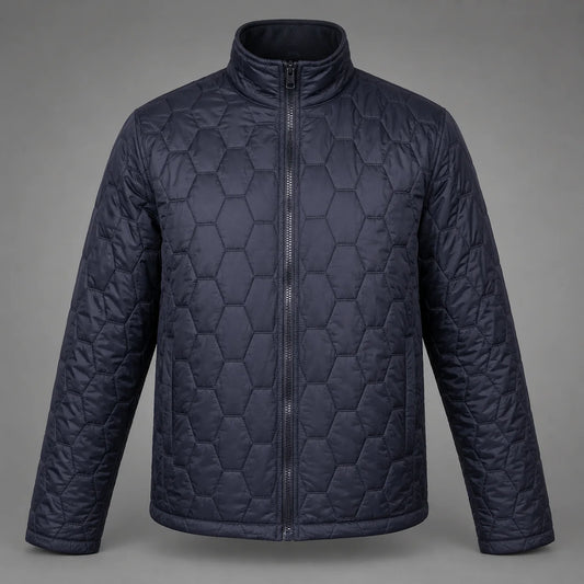 A black puffer jacket with a hexagonal pattern, featuring a full-length front zipper and a stand-up collar, shown against a neutral gray background.