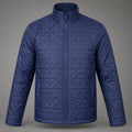 A men's quilted puffer jacket in a deep navy blue, featuring a diamond-quilted pattern, a full zip front, and a stand-up collar, shown against a neutral gray background.
