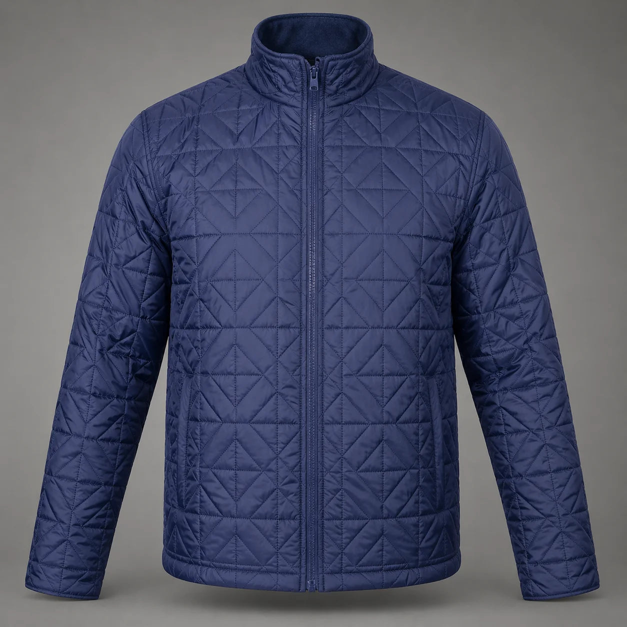 A men's quilted puffer jacket in a deep navy blue, featuring a diamond-quilted pattern, a full zip front, and a stand-up collar, shown against a neutral gray background.