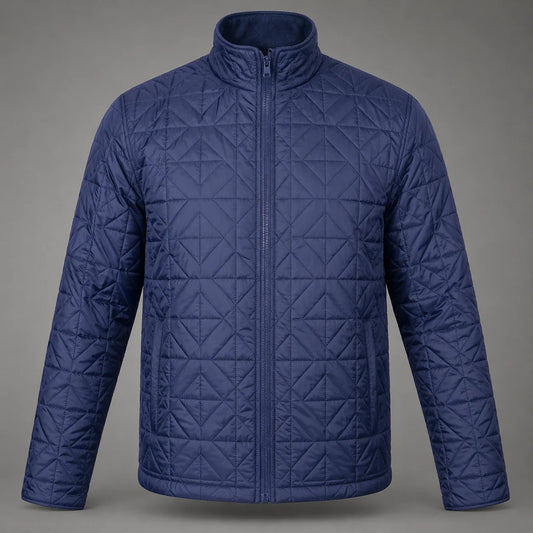 A men's quilted puffer jacket in a deep navy blue, featuring a diamond-quilted pattern, a full zip front, and a stand-up collar, shown against a neutral gray background.