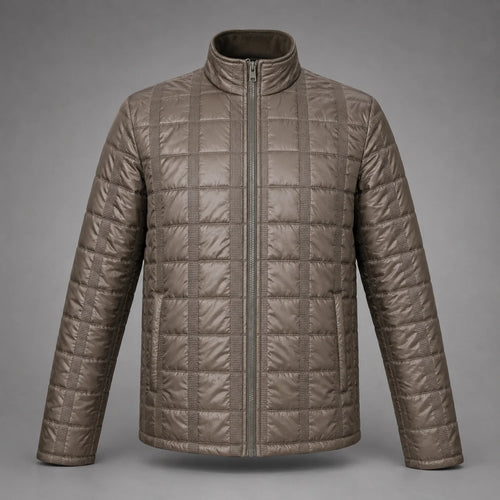 A men's quilted puffer jacket in a taupe-brown color, featuring a stand-up collar, full-length front zipper, and vertical quilting details, shown against a neutral gray background.