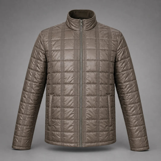 A men's quilted puffer jacket in a taupe-brown color, featuring a stand-up collar, full-length front zipper, and vertical quilting details, shown against a neutral gray background.