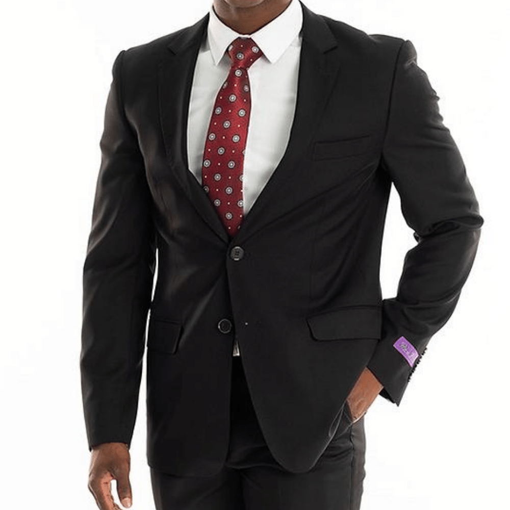 Marco Benetti Lehman Slim Fit Suit in Black (3025). This sophisticated suit features a 2-button jacket with notch lapel, flap pockets, and pick stitch detail, paired with flat front trousers boasting jetted hip pockets and pick stitch detail. Crafted from 65% polyester and 35% viscose, the Lehman Suit offers a luxurious fit and feel, perfect for the modern gentleman. Shop in-store at 337 Monty Naicker Street, Durban or Online at www.omarstailors.com