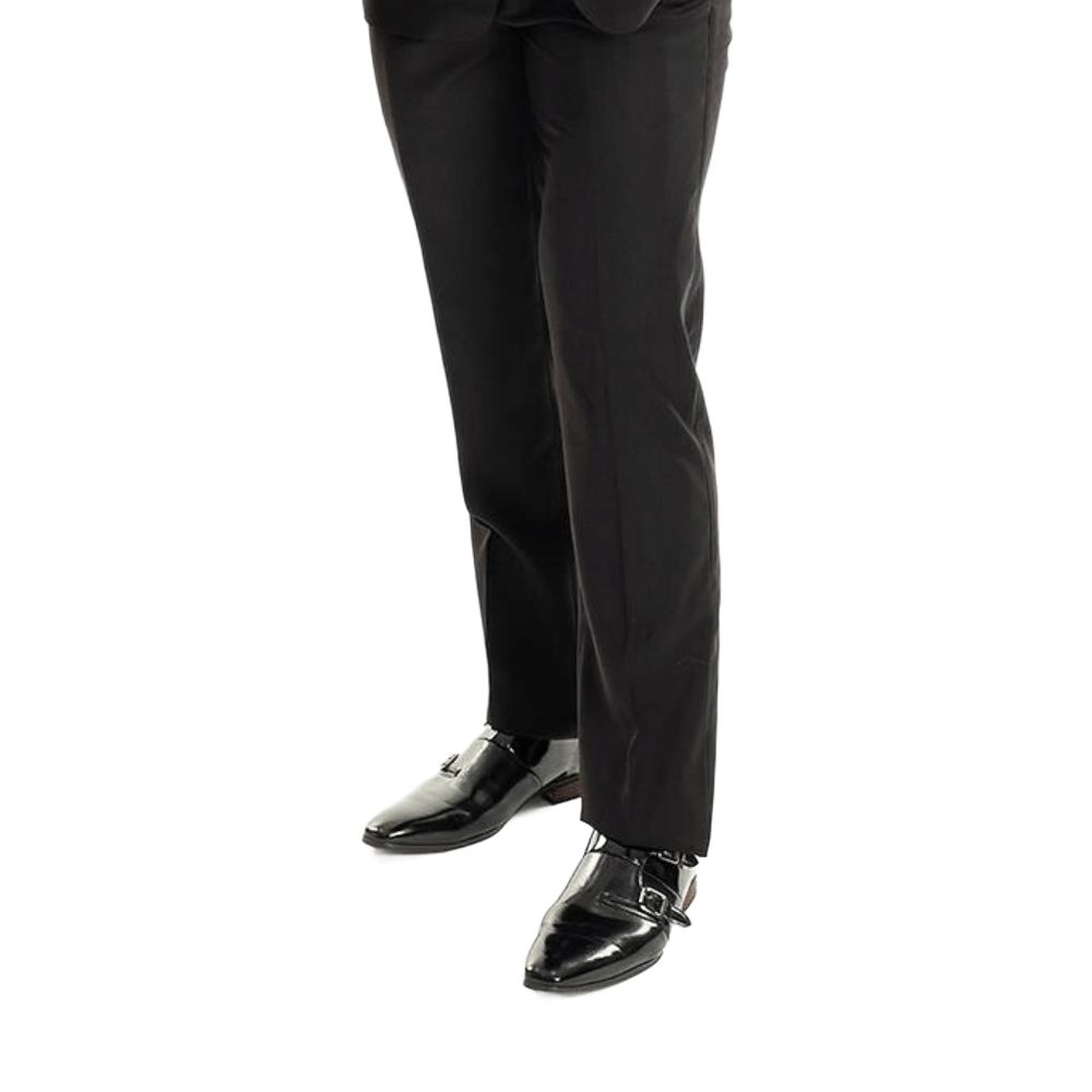 Marco Benetti Lehman Slim Fit Suit in Black (3025). This sophisticated suit features a 2-button jacket with notch lapel, flap pockets, and pick stitch detail, paired with flat front trousers boasting jetted hip pockets and pick stitch detail. Crafted from 65% polyester and 35% viscose, the Lehman Suit offers a luxurious fit and feel, perfect for the modern gentleman. Shop in-store at 337 Monty Naicker Street, Durban or Online at www.omarstailors.com