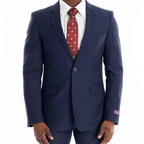 Marco Benetti Lehman Slim Fit Suit in Blue (3025). This sophisticated suit features a 2-button jacket with notch lapel, flap pockets, and pick stitch detail, paired with flat front trousers boasting jetted hip pockets and pick stitch detail. Crafted from 65% polyester and 35% viscose, the Lehman Suit offers a luxurious fit and feel, perfect for the modern gentleman. Shop in-store at 337 Monty Naicker Street, Durban or Online at www.omarstailors.com
