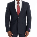 Marco Benetti Lehman Slim Fit Suit in Light Navy (3025). This sophisticated suit features a 2-button jacket with notch lapel, flap pockets, and pick stitch detail, paired with flat front trousers boasting jetted hip pockets and pick stitch detail. Crafted from 65% polyester and 35% viscose, the Lehman Suit offers a luxurious fit and feel, perfect for the modern gentleman. Shop in-store at 337 Monty Naicker Street, Durban or Online at www.omarstailors.com