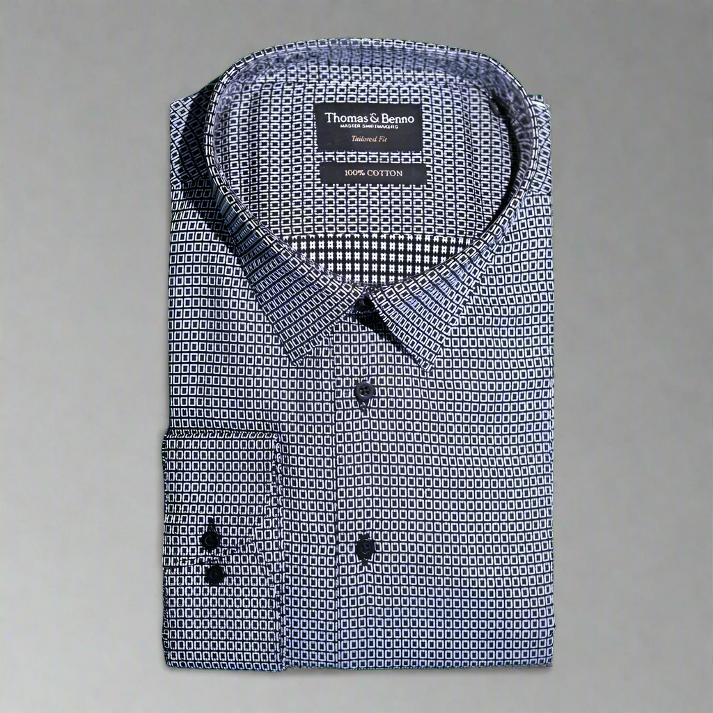 Men's 100% Cotton Thomas & Benno Long Sleeve Formal Shirt with Collar in Black (7947) is available in-store at 337 Monty Naicker Street, Durban CBD, or online at Omar's Tailors & Outfitters online store. 