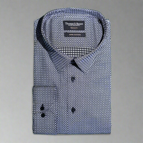 Men's 100% Cotton Thomas & Benno Long Sleeve Formal Shirt with Collar in Black (7947) is available in-store at 337 Monty Naicker Street, Durban CBD, or online at Omar's Tailors & Outfitters online store. 