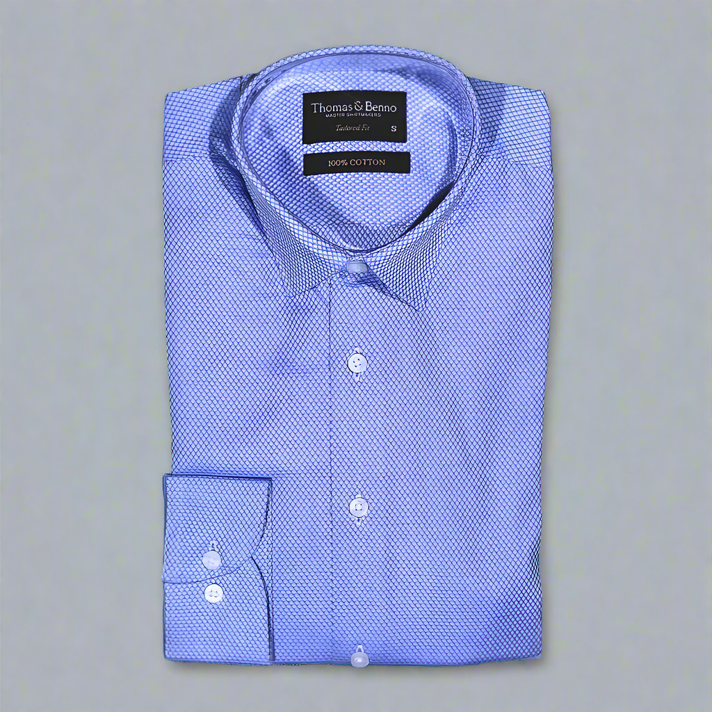 Men's 100% Cotton Thomas & Benno Long Sleeve Formal Shirt with Collar in Blue (6906) is available in-store at 337 Monty Naicker Street, Durban CBD, or online at Omar's Tailors & Outfitters online store. 