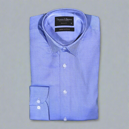 Men's 100% Cotton Thomas & Benno Long Sleeve Formal Shirt with Collar in Blue (6906) is available in-store at 337 Monty Naicker Street, Durban CBD, or online at Omar's Tailors & Outfitters online store. 