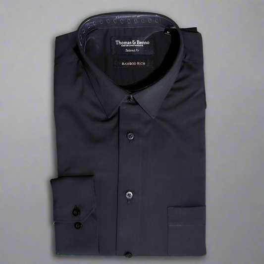 Men's Bamboo Rich Thomas Benno Long Sleeve Formal Shirt in Black (2262) available in-store, 337 Monty Naicker Street, Durban CBD or online at Omar's Tailors & Outfitters online store.