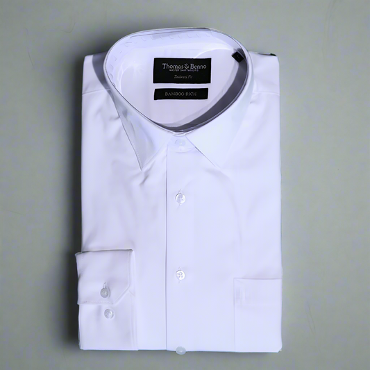 Men's Bamboo Rich Thomas Benno Long Sleeve Formal Shirt in White (2259) available in-store, 337 Monty Naicker Street, Durban CBD or online at Omar's Tailors & Outfitters online store.