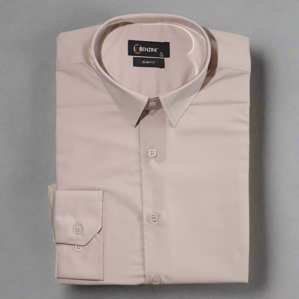 Men's Lorenzini Long Sleeve Collared Shirt in Beige (9487), designed for premium style and comfort. Perfect for all occasions, available in-store at 337 Monty Naicker Street, Durban Central, or online at www.omarstailors.com.
