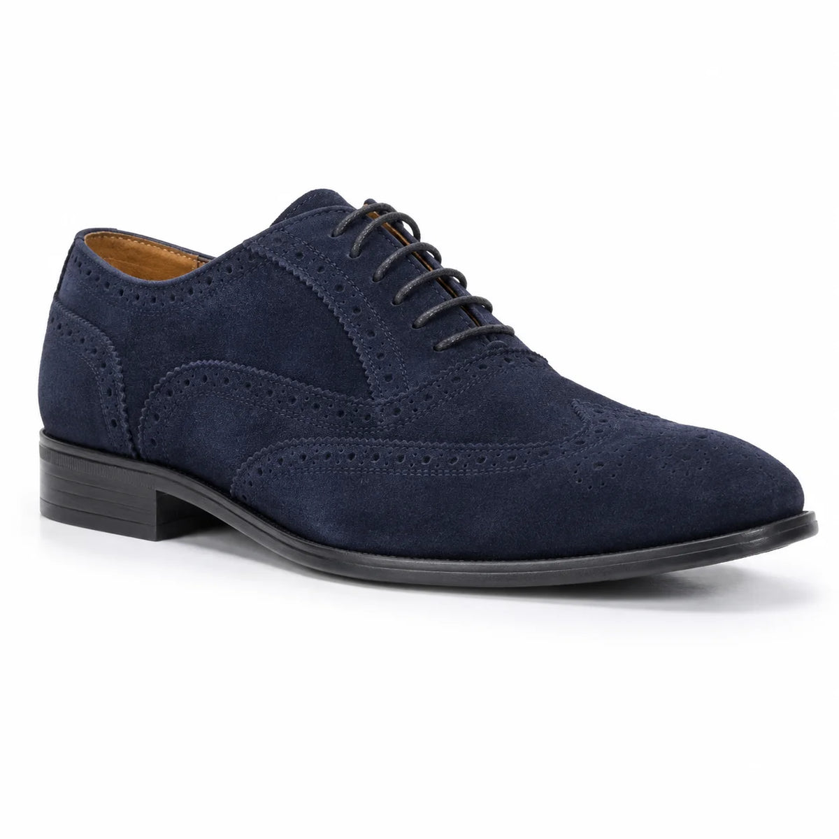 Men’s Mercanti Fiorentini navy genuine suede leather Oxford brogue — toe out view