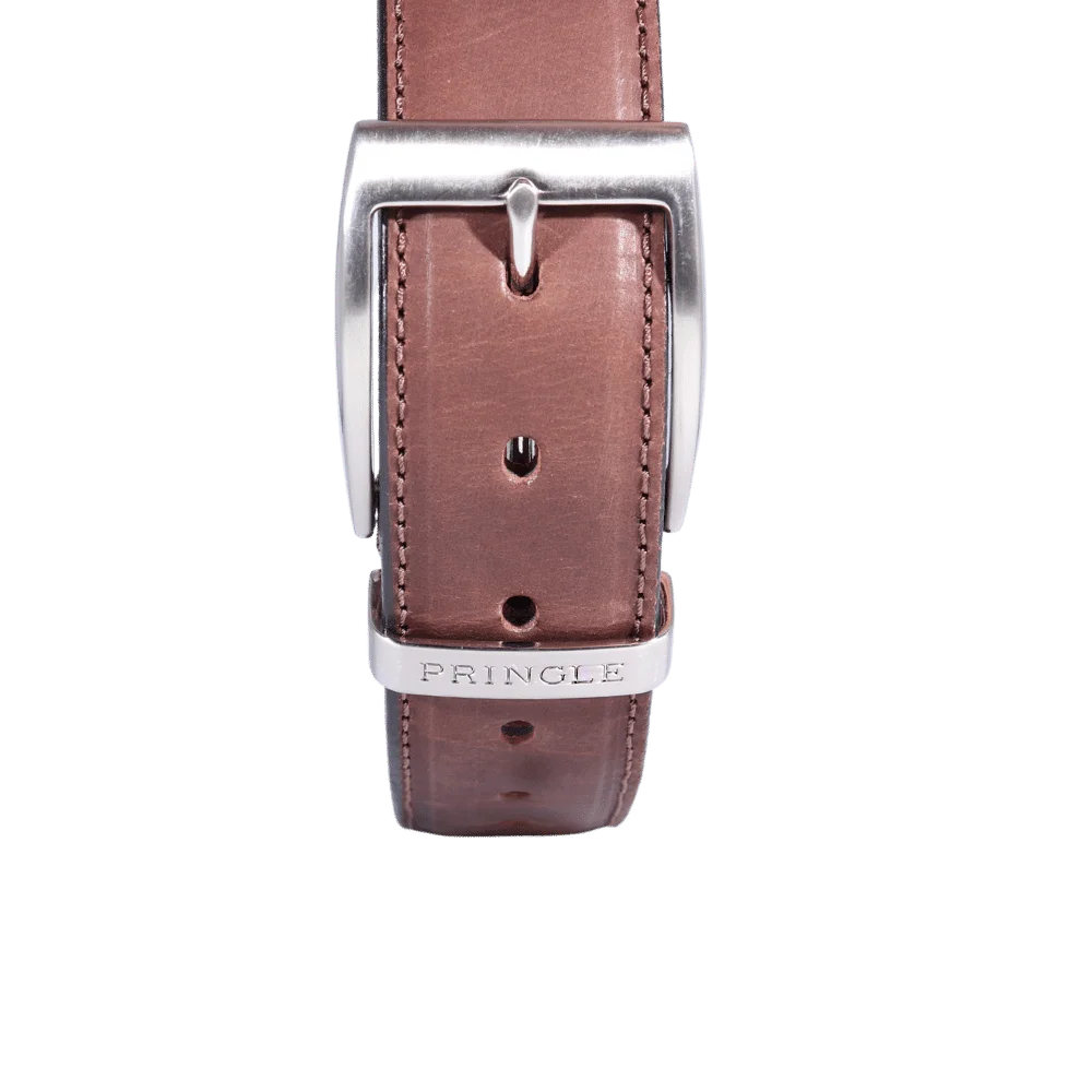 Men's Pringle Oriano Leather Belt in Light Brown made from genuine leather is the perfect, premium quality essential for any golfer boasting a large silver buckle and visible Pringle branding available in-store at 337 Monty Naicker Street, Durban or online at www.omarstailors.com