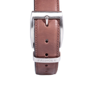 Men's Pringle Oriano Leather Belt in Light Brown made from genuine leather is the perfect, premium quality essential for any golfer boasting a large silver buckle and visible Pringle branding available in-store at 337 Monty Naicker Street, Durban or online at www.omarstailors.com