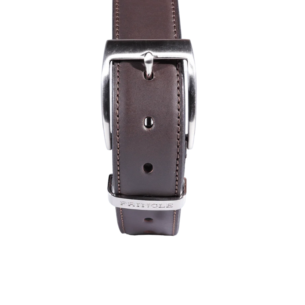 Men's Pringle Oriano Leather Belt in Dark Brown made from genuine leather is the perfect, premium quality essential for any golfer boasting a large silver buckle and visible Pringle branding available in-store at 337 Monty Naicker Street, Durban or online at www.omarstailors.com