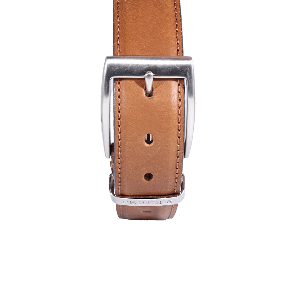 Men's Pringle Oriano Leather Belt in Tan made from genuine leather is the perfect, premium quality essential for any golfer boasting a large silver buckle and visible Pringle branding available in-store at 337 Monty Naicker Street, Durban or online at www.omarstailors.com