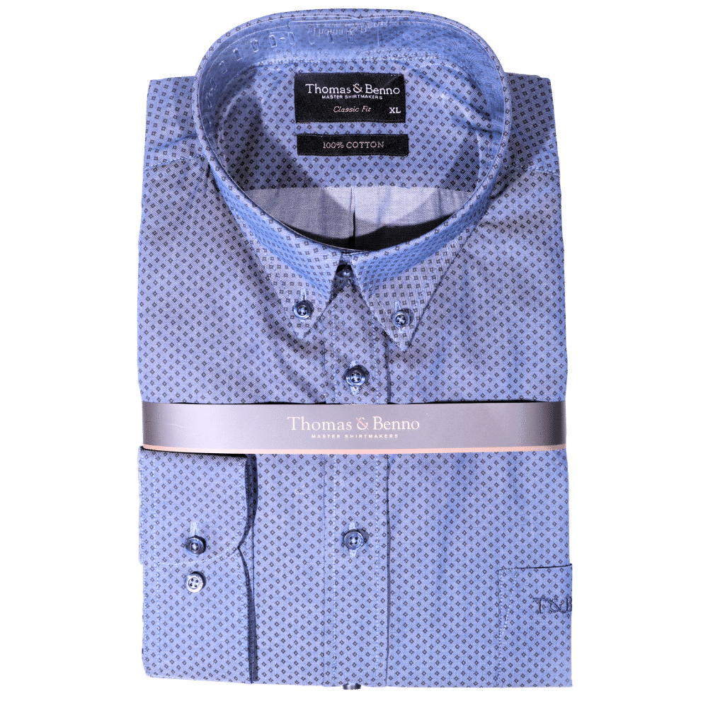 Men's 100% Cotton Thomas & Benno Diamond Print Long Sleeve Formal Shirt with Collar in Blue (1369) available in-store, 337 Monty Naicker Street, Durban CBD or online at Omar's Tailors & Outfitters online store.   A men's fashion curation for South African men - established in 1911.