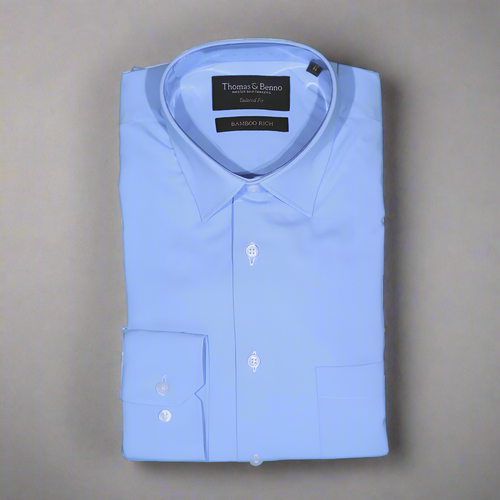 Men's Bamboo Rich Thomas Benno Long Sleeve Formal Shirt in Light Blue (2997) available in-store, 337 Monty Naicker Street, Durban CBD or online at Omar's Tailors & Outfitters online store. 