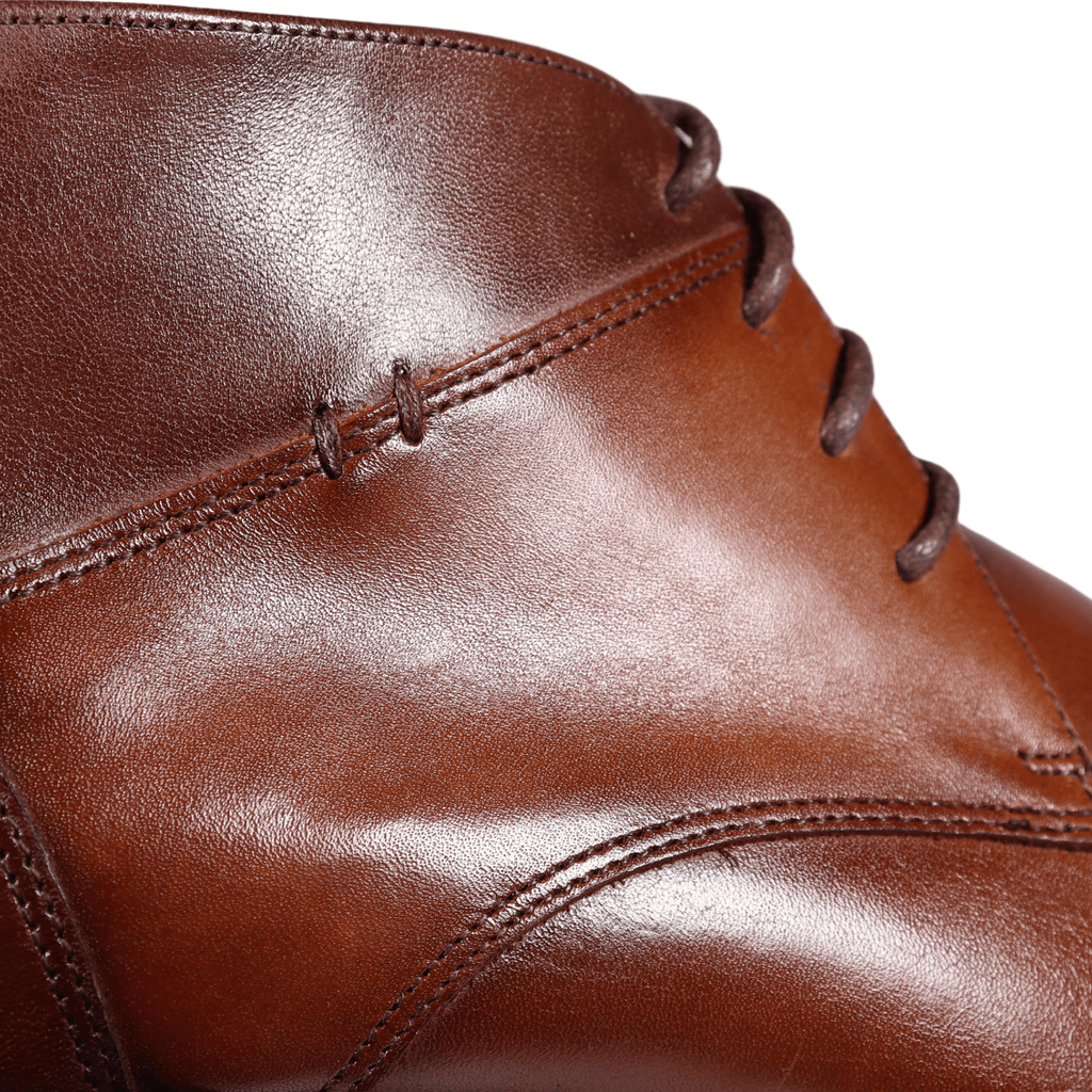 Men's dark brown genuine leather lace-up boot by John Drake with a plain vamp design, featuring a sleek and polished finish. Formal dress shoe with a sturdy leather sole, perfect for a sophisticated and classic style.