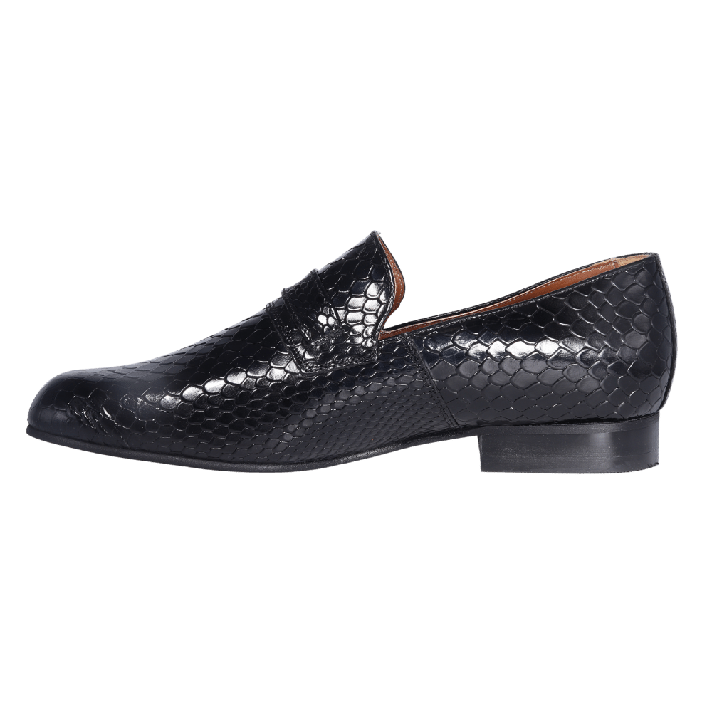Men's genuine leather John Drake moccasin/ loafer in black with a weave finish available in store, 337 Monty Naicker Street, Durban or online at Omar's Tailors & Outfitters online store.  A men's fashion curation for South African men - established in 1911.  (36973)