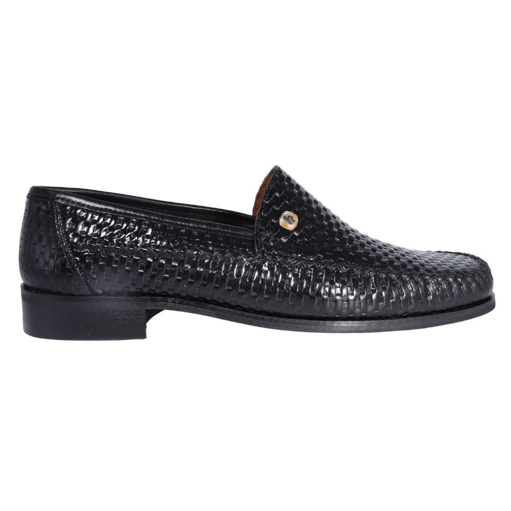 Men's genuine leather John Drake moccasin/ loafer in black with a weave finish available in store, 337 Monty Naicker Street, Durban or online at Omar's Tailors & Outfitters online store.  A men's fashion curation for South African men - established in 1911.