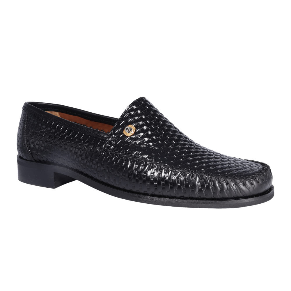 Men's genuine leather John Drake moccasin/ loafer in black with a weave finish available in store, 337 Monty Naicker Street, Durban or online at Omar's Tailors & Outfitters online store.  A men's fashion curation for South African men - established in 1911.